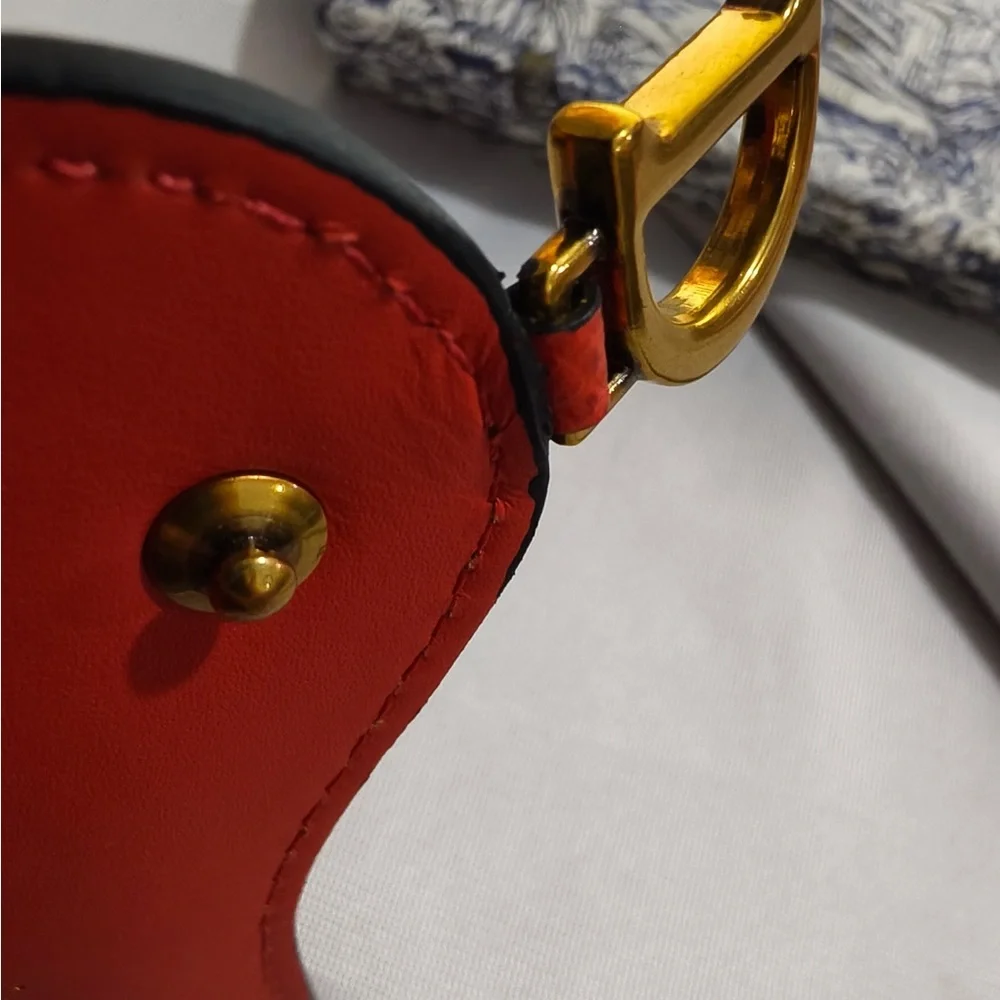 Dior Red Grained Leather Saddle Card Case with Gold 'D' Charm